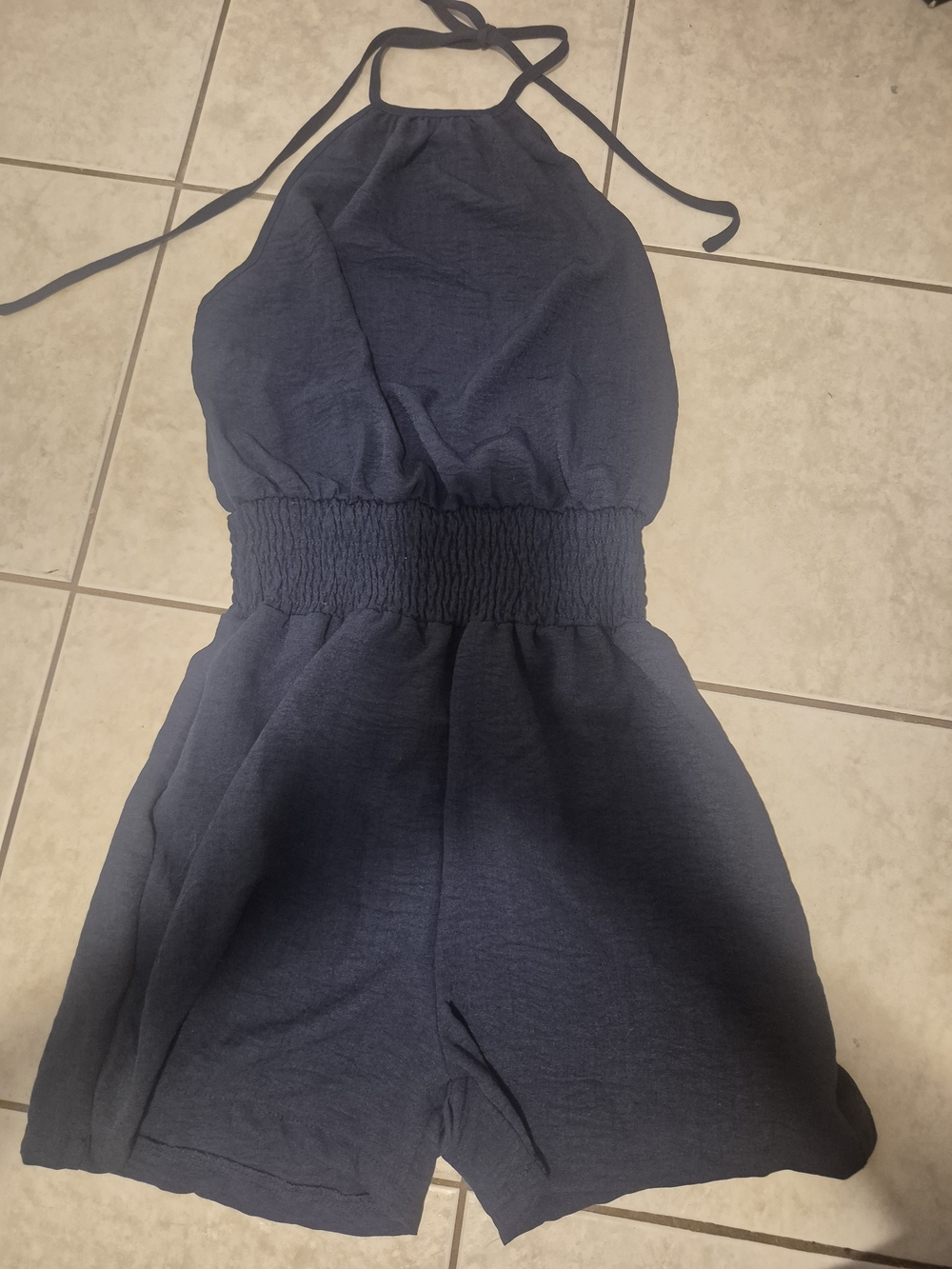 SHEIN Navy Halter Smocked-Waist Romper